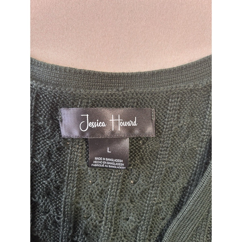 Jessica Howard Cable Knit Sweater Dress Women L Green V Neck 3/4 Sleeve A Line - Picture 4 of 7